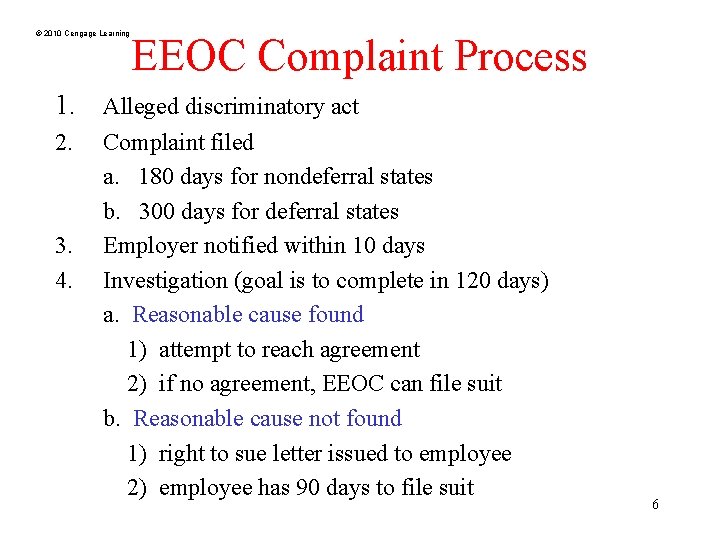 © 2010 Cengage Learning 1. 2. 3. 4. EEOC Complaint Process Alleged discriminatory act