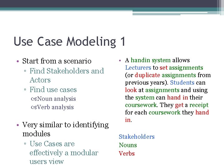 Use Case Modeling 1 • Start from a scenario ▫ Find Stakeholders and Actors