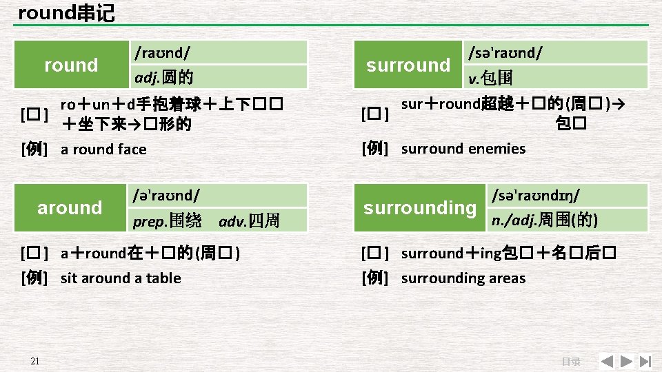 round串记 round /raʊnd/ adj. 圆的 surround /sə'raʊnd/ v. 包围 ro＋un＋d手抱着球＋上下�� [� ] ＋坐下来→�形的 sur＋round超越＋�的