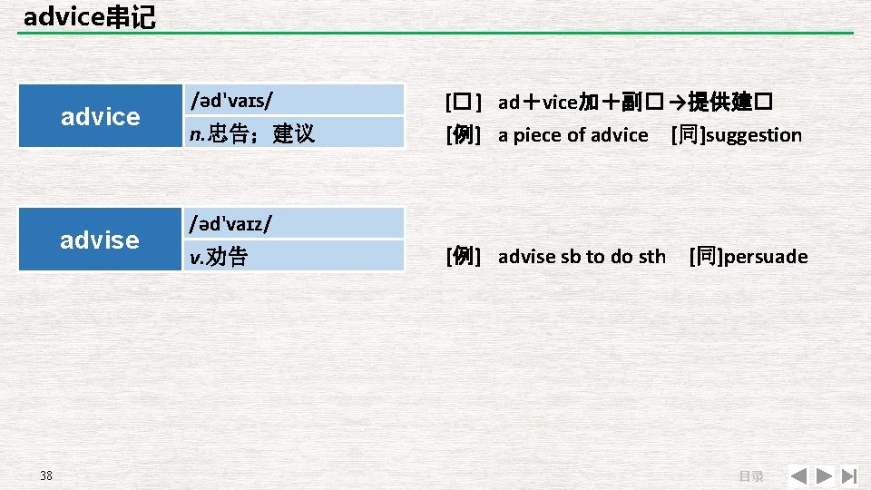 advice串记 advice advise 38 /əd'vaɪs/ n. 忠告；建议 [� ] ad＋vice加＋副� →提供建� [例] a piece