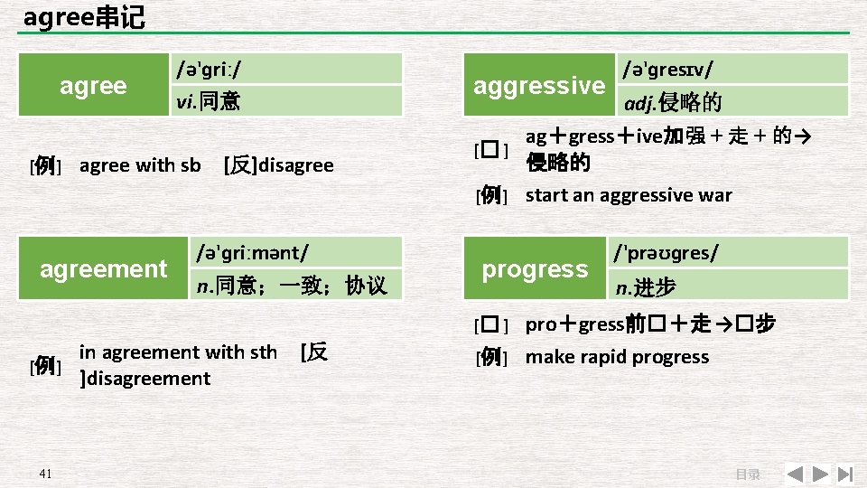 agree串记 agree [例] /ə'ɡriː/ vi. 同意 agree with sb agreement aggressive [反]disagree /ə'ɡriːmənt/ n.