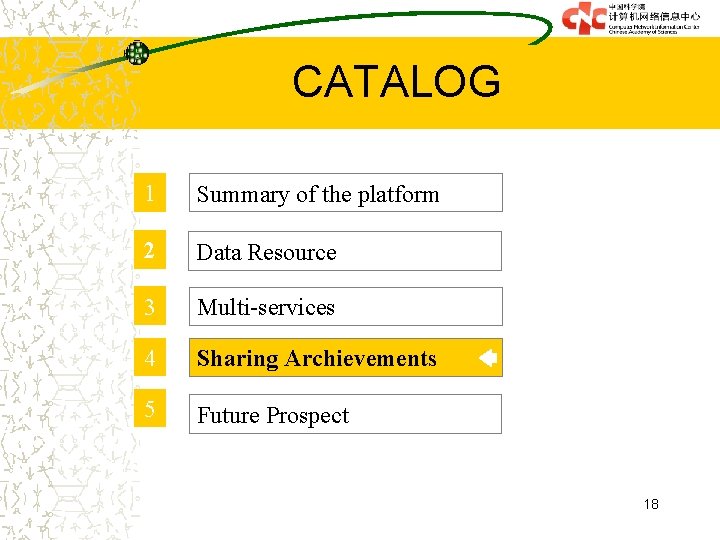 CATALOG 1 Summary of the platform 2 Data Resource 3 Multi-services 4 Sharing Archievements