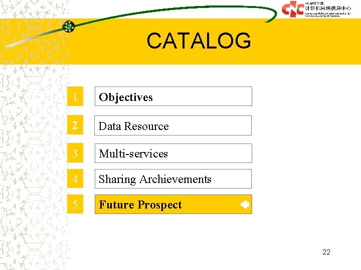 CATALOG 1 Objectives 2 Data Resource 3 Multi-services 4 Sharing Archievements 5 Future Prospect