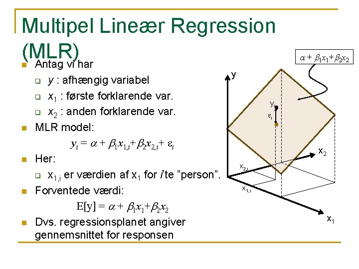 Multipel Lineær Regression (MLR) Antag vi har n y : afhængig variabel q x