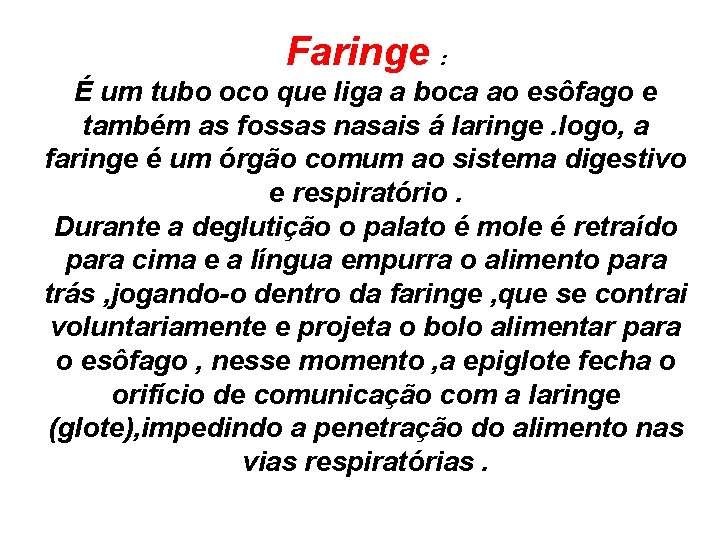 Faringe : É um tubo oco que liga a boca ao esôfago e também