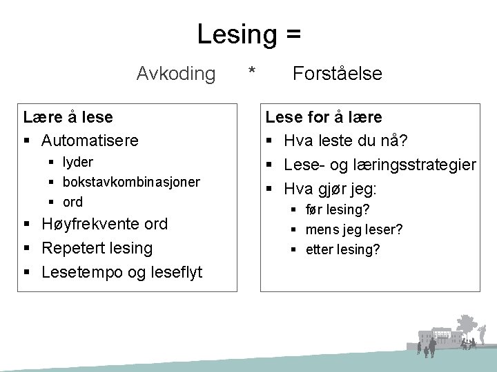 Lesing = Avkoding Lære å lese § Automatisere § lyder § bokstavkombinasjoner § ord