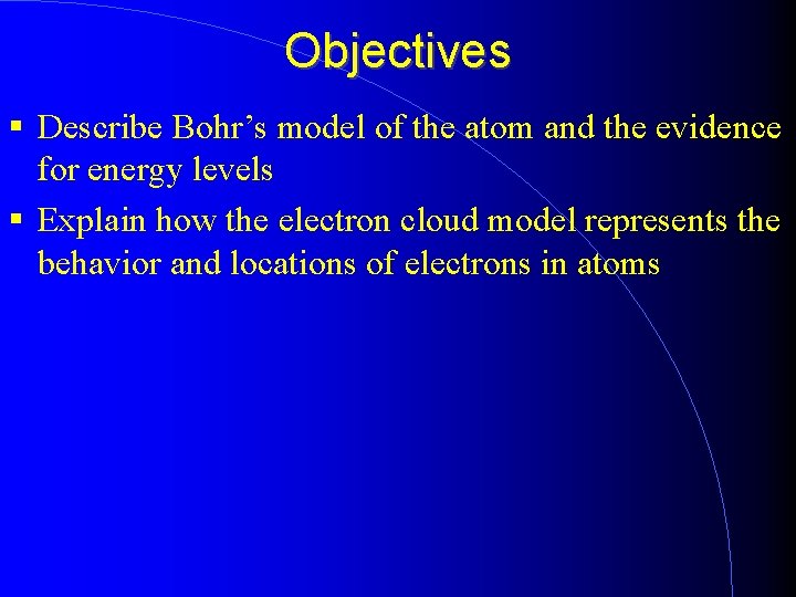 Objectives Describe Bohr’s model of the atom and the evidence for energy levels Explain