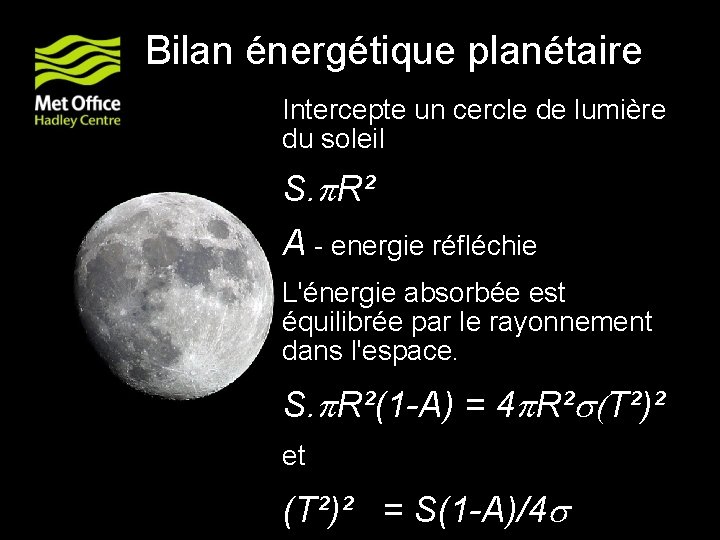 Bilan énergétique planétaire Intercepte un cercle de lumière du soleil S. R² 2 A