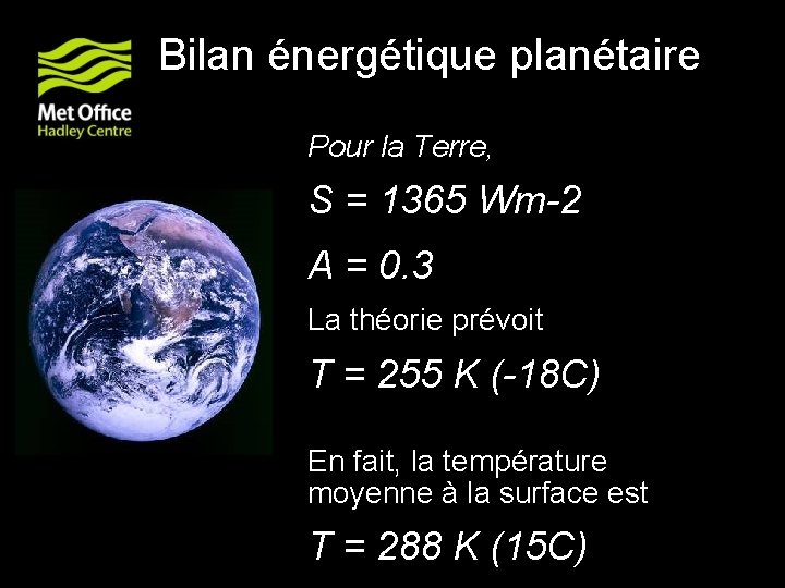 Bilan énergétique planétaire Pour la Terre, S = 1365 Wm-2 -2 A = 0.