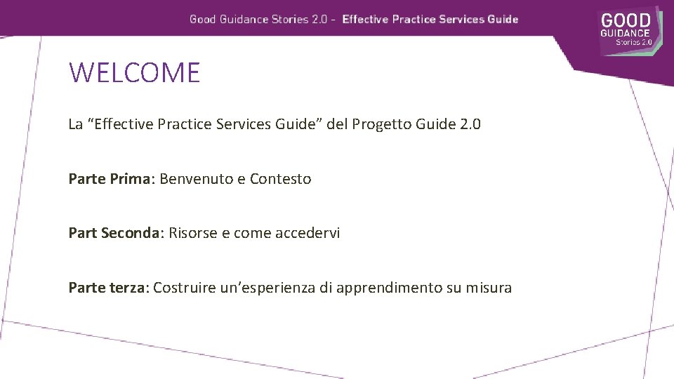 WELCOME La “Effective Practice Services Guide” del Progetto Guide 2. 0 Parte Prima: Benvenuto