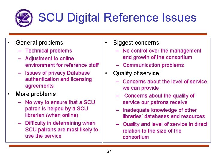 SCU Digital Reference Issues • General problems – Technical problems – Adjustment to online