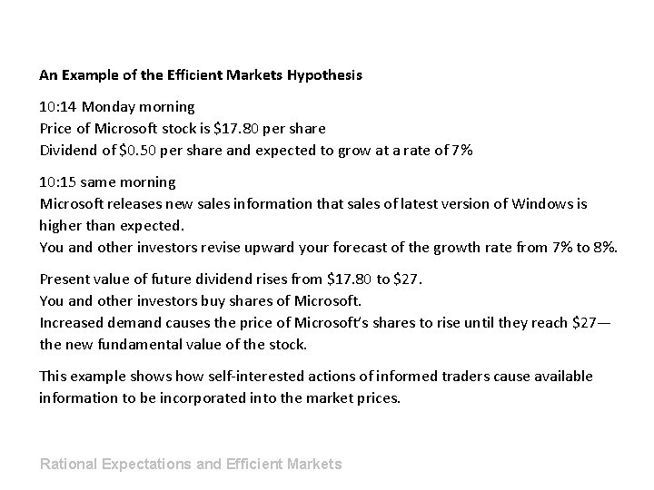 An Example of the Efficient Markets Hypothesis 10: 14 Monday morning Price of Microsoft