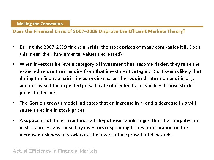 Making the Connection Does the Financial Crisis of 2007– 2009 Disprove the Efficient Markets