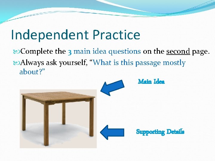 Independent Practice Complete the 3 main idea questions on the second page. Always ask