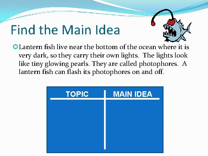 Find the Main Idea Lantern fish live near the bottom of the ocean where