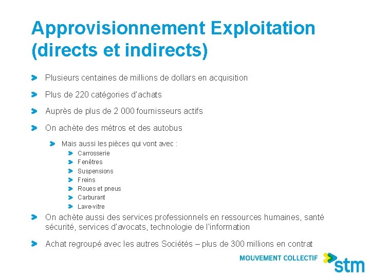 Approvisionnement Exploitation (directs et indirects) Plusieurs centaines de millions de dollars en acquisition Plus