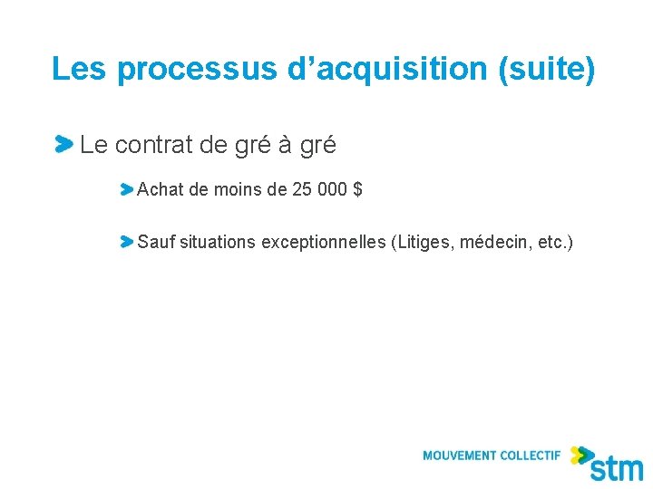Les processus d’acquisition (suite) Le contrat de gré à gré Achat de moins de
