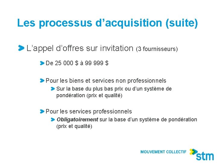 Les processus d’acquisition (suite) L’appel d’offres sur invitation (3 fournisseurs) De 25 000 $