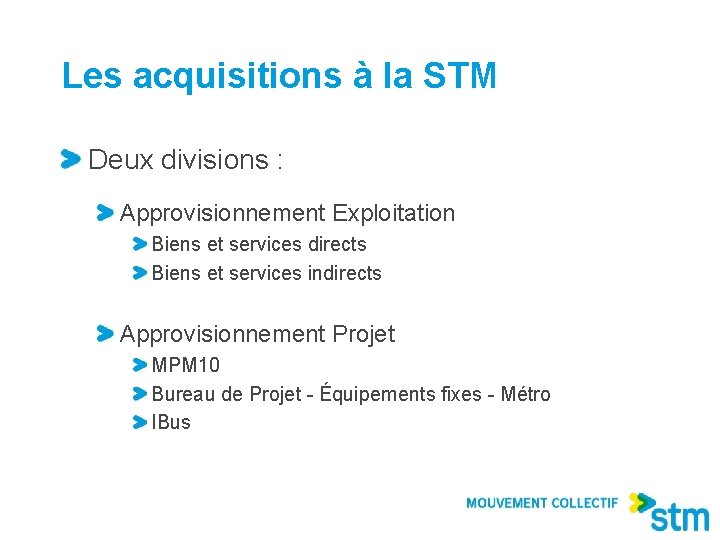 Les acquisitions à la STM Deux divisions : Approvisionnement Exploitation Biens et services directs