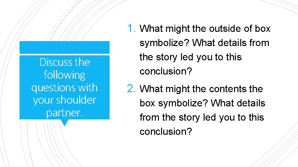 1. What might the outside of box Discuss the following questions with your shoulder