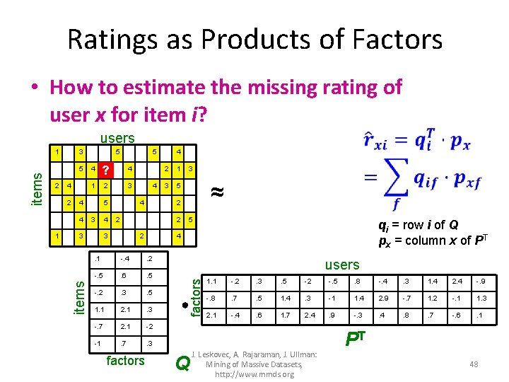 Ratings as Products of Factors • How to estimate the missing rating of user