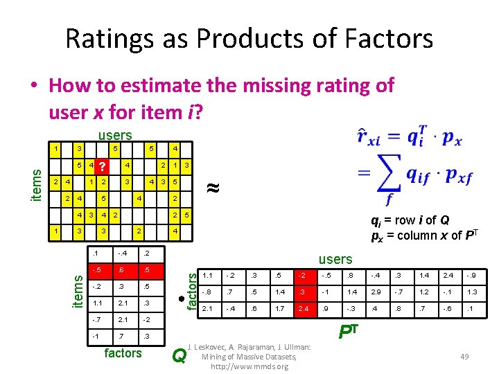 Ratings as Products of Factors • How to estimate the missing rating of user