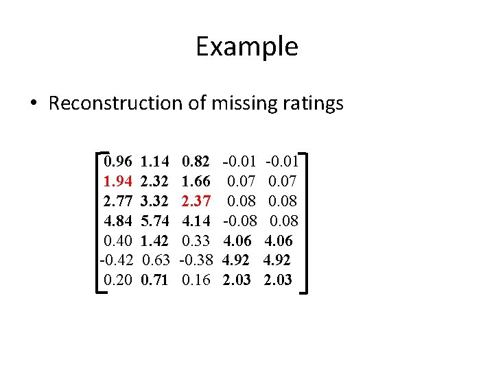 Example • Reconstruction of missing ratings 0. 96 1. 94 2. 77 4. 84