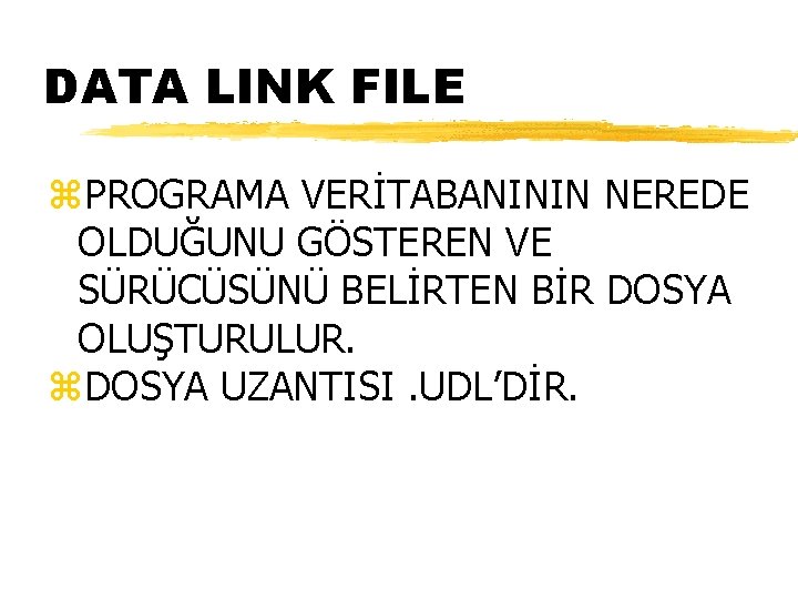 DATA LINK FILE z. PROGRAMA VERİTABANININ NEREDE OLDUĞUNU GÖSTEREN VE SÜRÜCÜSÜNÜ BELİRTEN BİR DOSYA