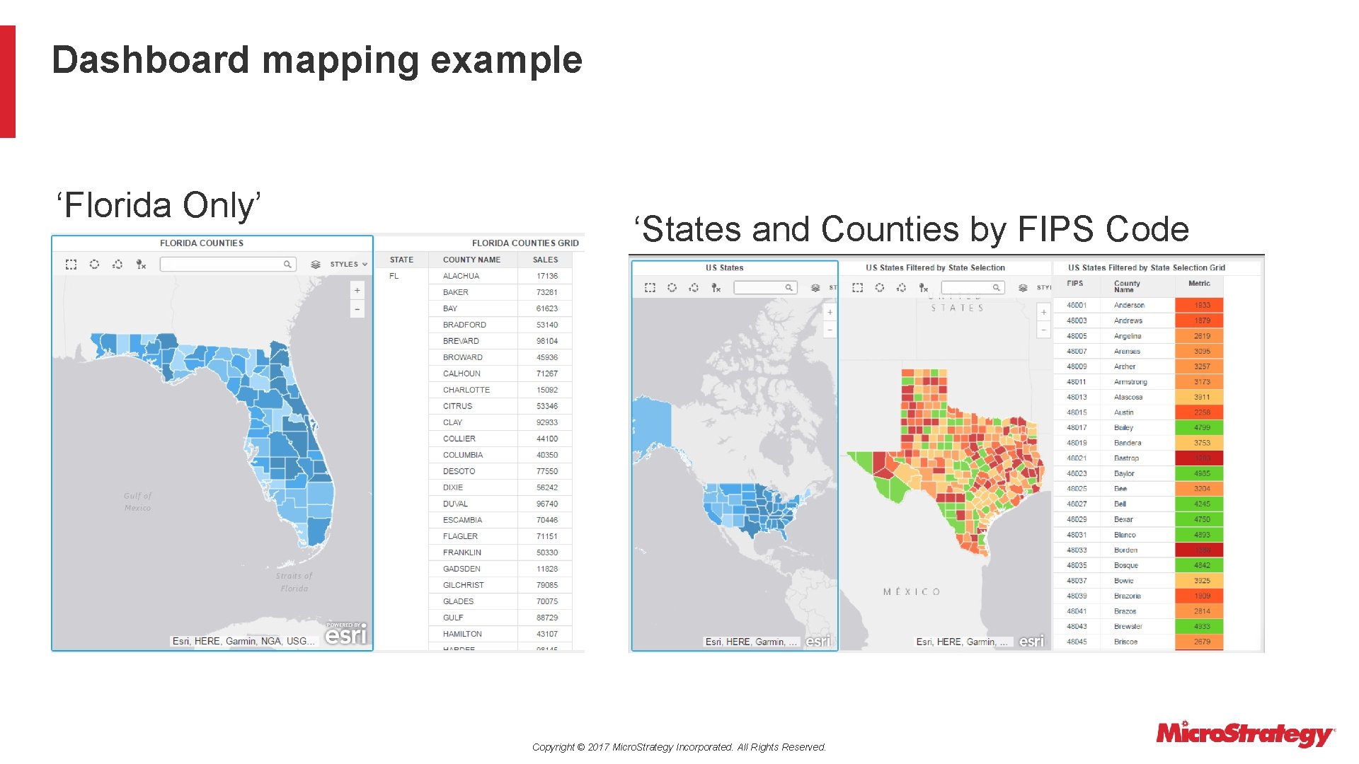 Dashboard mapping example ‘Florida Only’ ‘States and Counties by FIPS Code Copyright © 2017