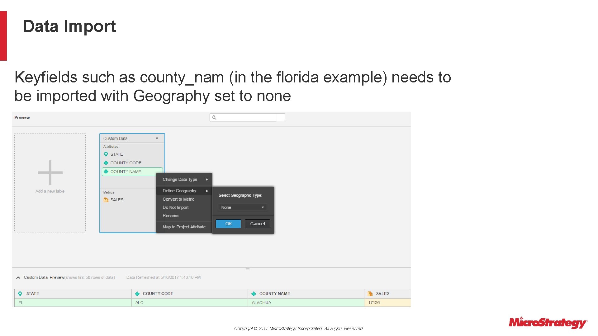 Data Import Keyfields such as county_nam (in the florida example) needs to be imported