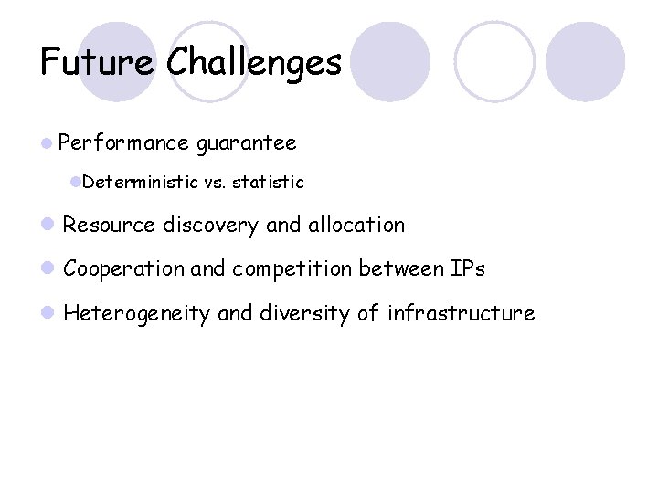 Future Challenges l Performance guarantee l. Deterministic vs. statistic l Resource discovery and allocation Future Challenges l Performance guarantee l. Deterministic vs. statistic l Resource discovery and allocation
