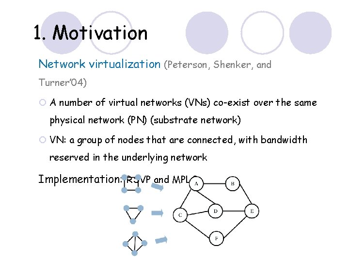 1. Motivation Network virtualization (Peterson, Shenker, and Turner’ 04) ¡ A number of virtual 1. Motivation Network virtualization (Peterson, Shenker, and Turner’ 04) ¡ A number of virtual