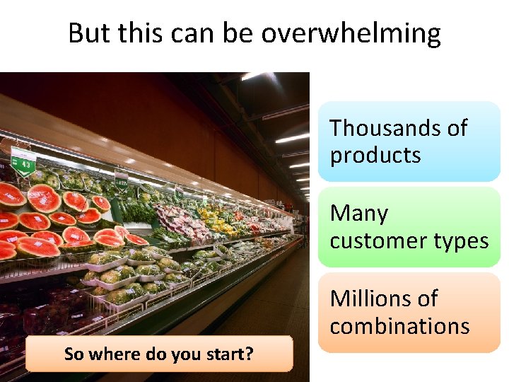 But this can be overwhelming Thousands of products Many customer types Millions of combinations