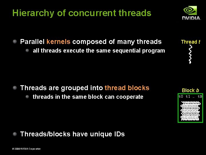 Hierarchy of concurrent threads Parallel kernels composed of many threads Thread t all threads Hierarchy of concurrent threads Parallel kernels composed of many threads Thread t all threads