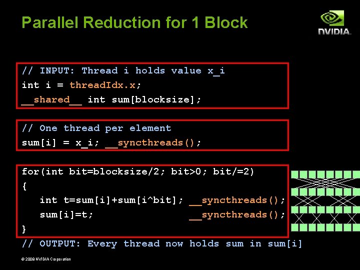 Parallel Reduction for 1 Block // INPUT: Thread i holds value x_i int i Parallel Reduction for 1 Block // INPUT: Thread i holds value x_i int i