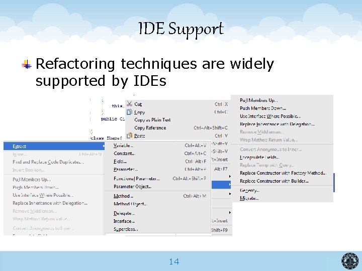 IDE Support Refactoring techniques are widely supported by IDEs 14 