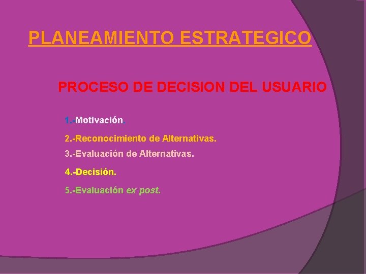 PLANEAMIENTO ESTRATEGICO PROCESO DE DECISION DEL USUARIO 1. -Motivación. 2. -Reconocimiento de Alternativas. 3.