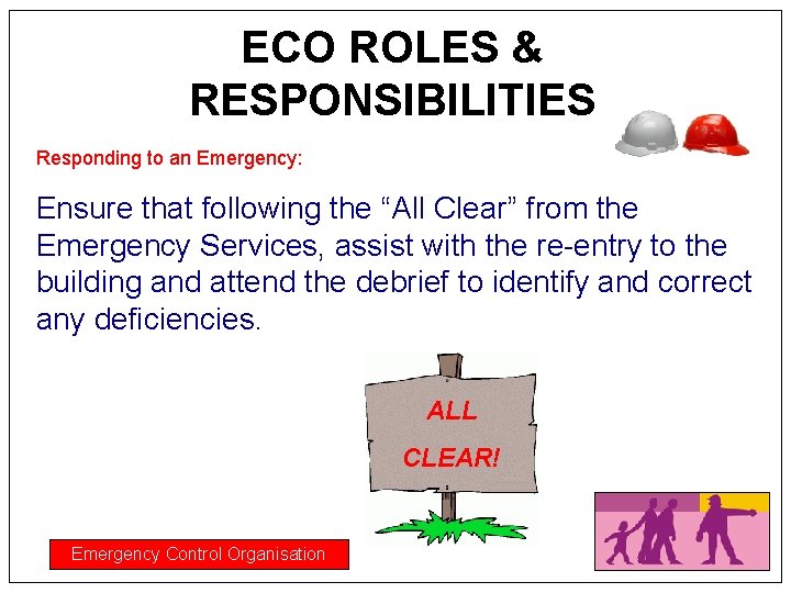ECO ROLES & RESPONSIBILITIES Responding to an Emergency: Ensure that following the “All Clear”