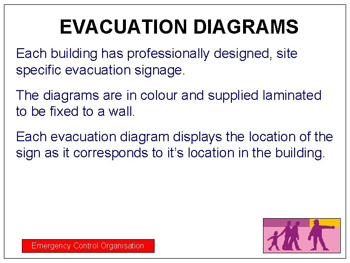 EVACUATION DIAGRAMS Each building has professionally designed, site specific evacuation signage. The diagrams are