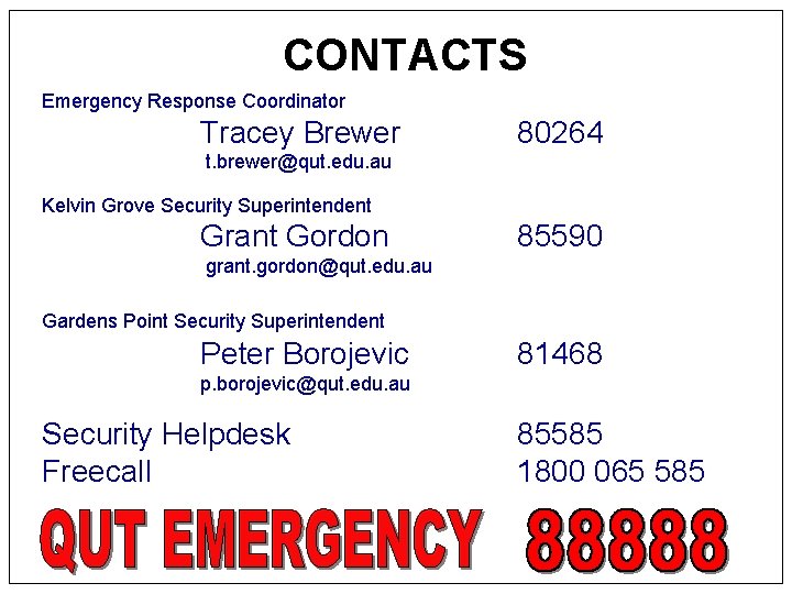 CONTACTS Emergency Response Coordinator Tracey Brewer 80264 t. brewer@qut. edu. au Kelvin Grove Security