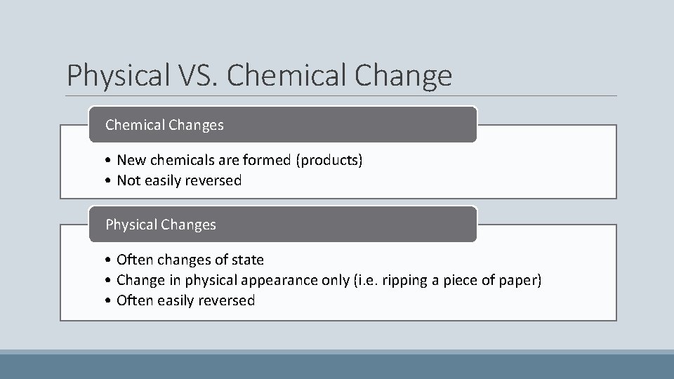 Physical VS. Chemical Changes • New chemicals are formed (products) • Not easily reversed