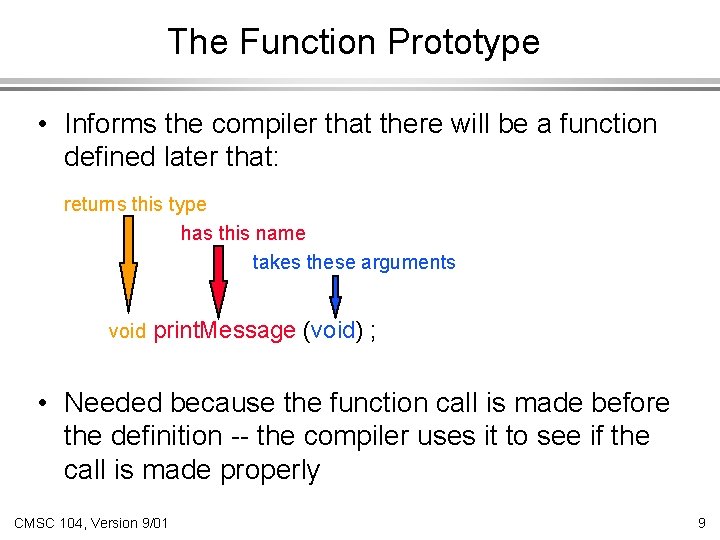 The Function Prototype • Informs the compiler that there will be a function defined