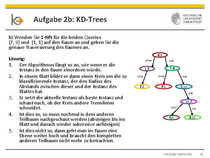 Aufgabe 2 b: KD-Trees b) Wenden Sie 1 -NN für die beiden Queries {7,