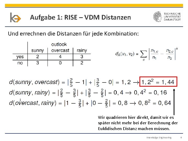 Aufgabe 1: RISE – VDM Distanzen Und errechnen die Distanzen für jede Kombination: Wir