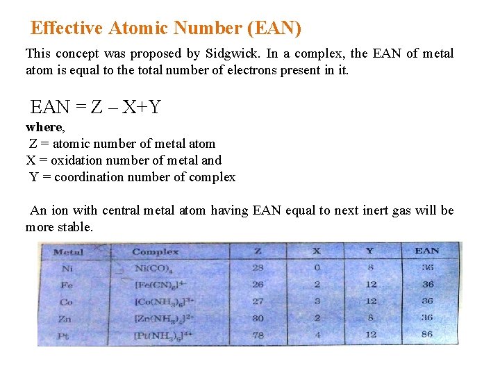 Effective Atomic Number (EAN) This concept was proposed by Sidgwick. In a complex, the