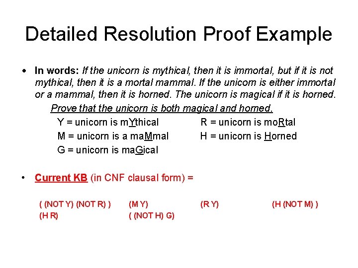 Detailed Resolution Proof Example • In words: If the unicorn is mythical, then it