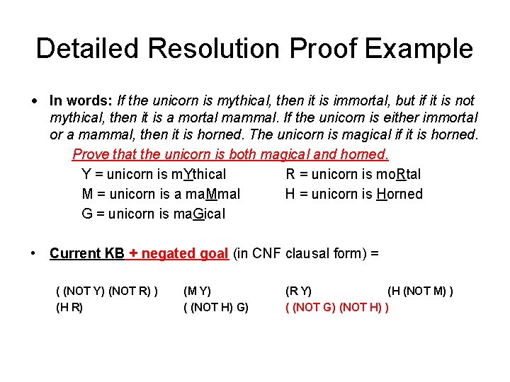 Detailed Resolution Proof Example • In words: If the unicorn is mythical, then it