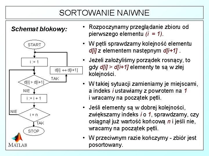 SORTOWANIE NAIWNE Schemat blokowy: • W pętli sprawdzamy kolejność elementu d[i] z elementem następnym