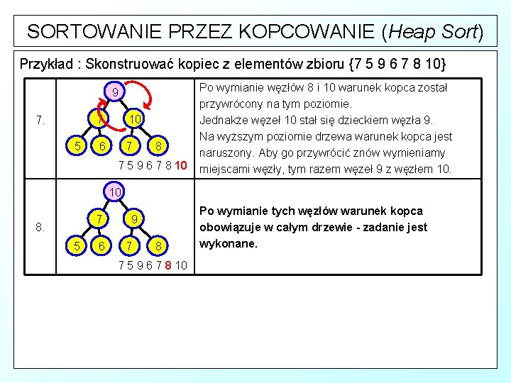 SORTOWANIE PRZEZ KOPCOWANIE (Heap Sort) Przykład : Skonstruować kopiec z elementów zbioru {7 5