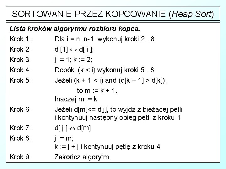 SORTOWANIE PRZEZ KOPCOWANIE (Heap Sort) Lista kroków algorytmu rozbioru kopca. Krok 1 : Dla